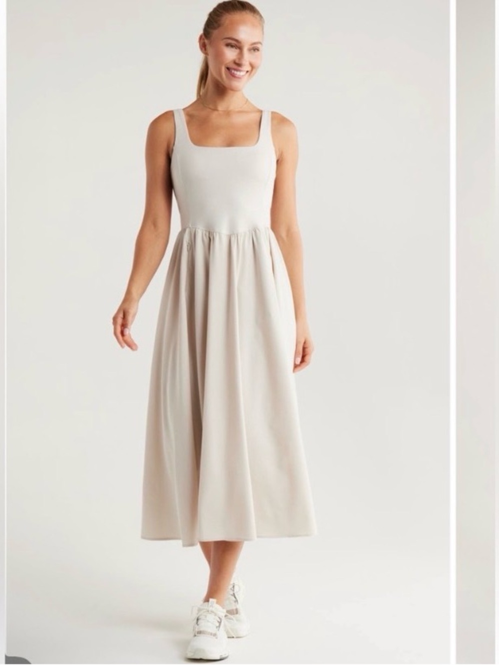 NWT Zella Sleeveless Square-Neck Midi Dress in Light Cream